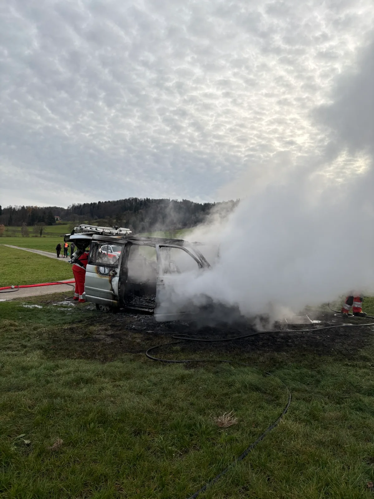 Ein Auto auf einer Wiese brennt.